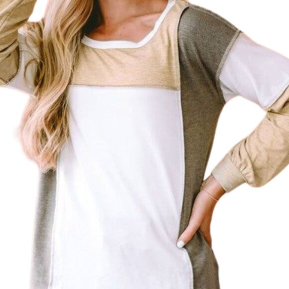 Military Green/Nude Exposed Seam Color Block Patchwork Top - Picture 5 of 5